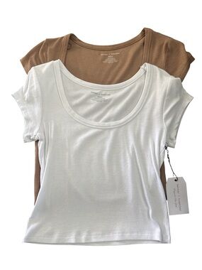 Together Scoop Neck Ribbed Short Sleeve Tee - White & Brown